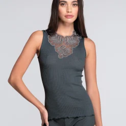 Oscalito Embroidered Tulle V-Neck Ribbed Tank Top