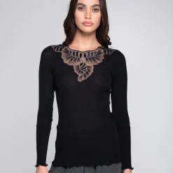 Oscalito Embroidered Tulle V-Neck Ribbed Long Sleeve Top