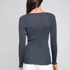 Oscalito Embroidered Tulle V-Neck Ribbed Long Sleeve Top