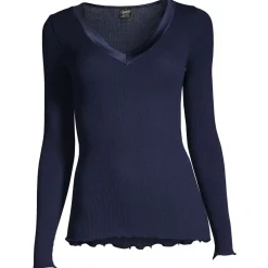 Oscalito Satin Trim V-Neck Ribbed Long Sleeve Top