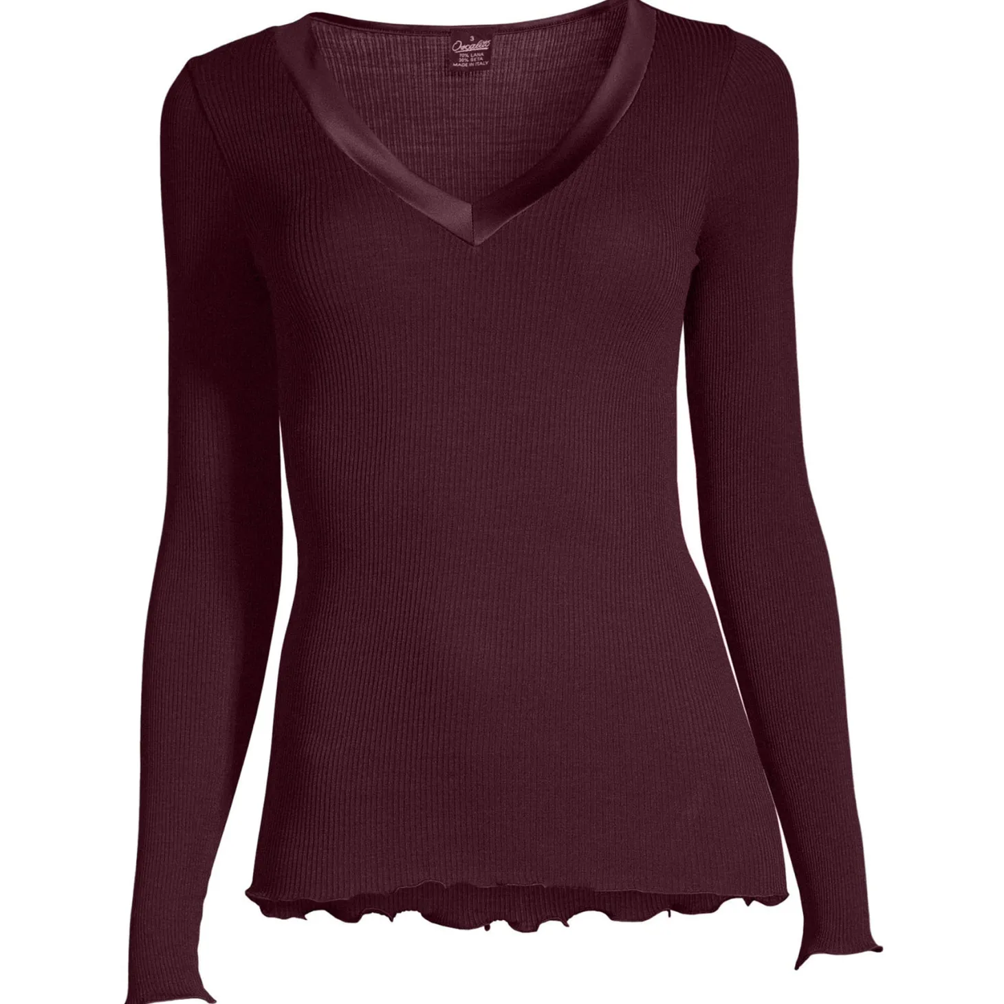 Oscalito Satin Trim V-Neck Ribbed Long Sleeve Top