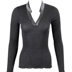 Oscalito V-Neck Ribbed Long Sleeve Top with Satin Trim Collar