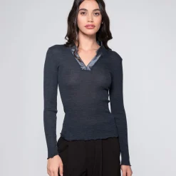Oscalito V-Neck Ribbed Long Sleeve Top with Satin Trim Collar
