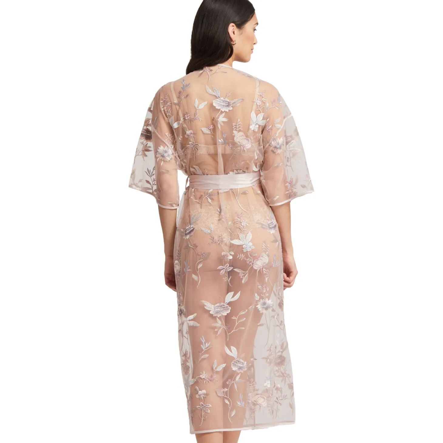 Rya Stunning Long Embroidered Mesh Wrap Robe